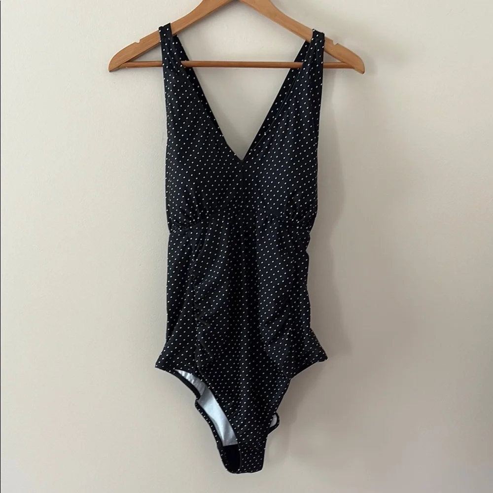 Motherhood Maternity‎ Polka Dot Tie Front Criss Cross One Piece Swimsuit Black L